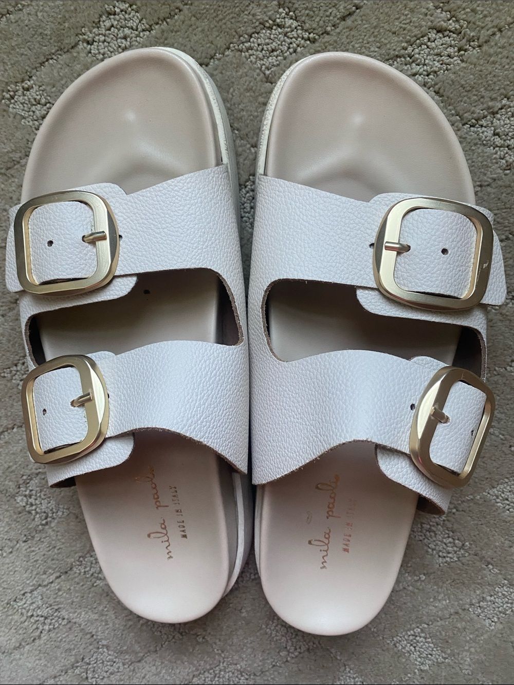 Nicole Miller Cream Double-Buckle Slide Sandals